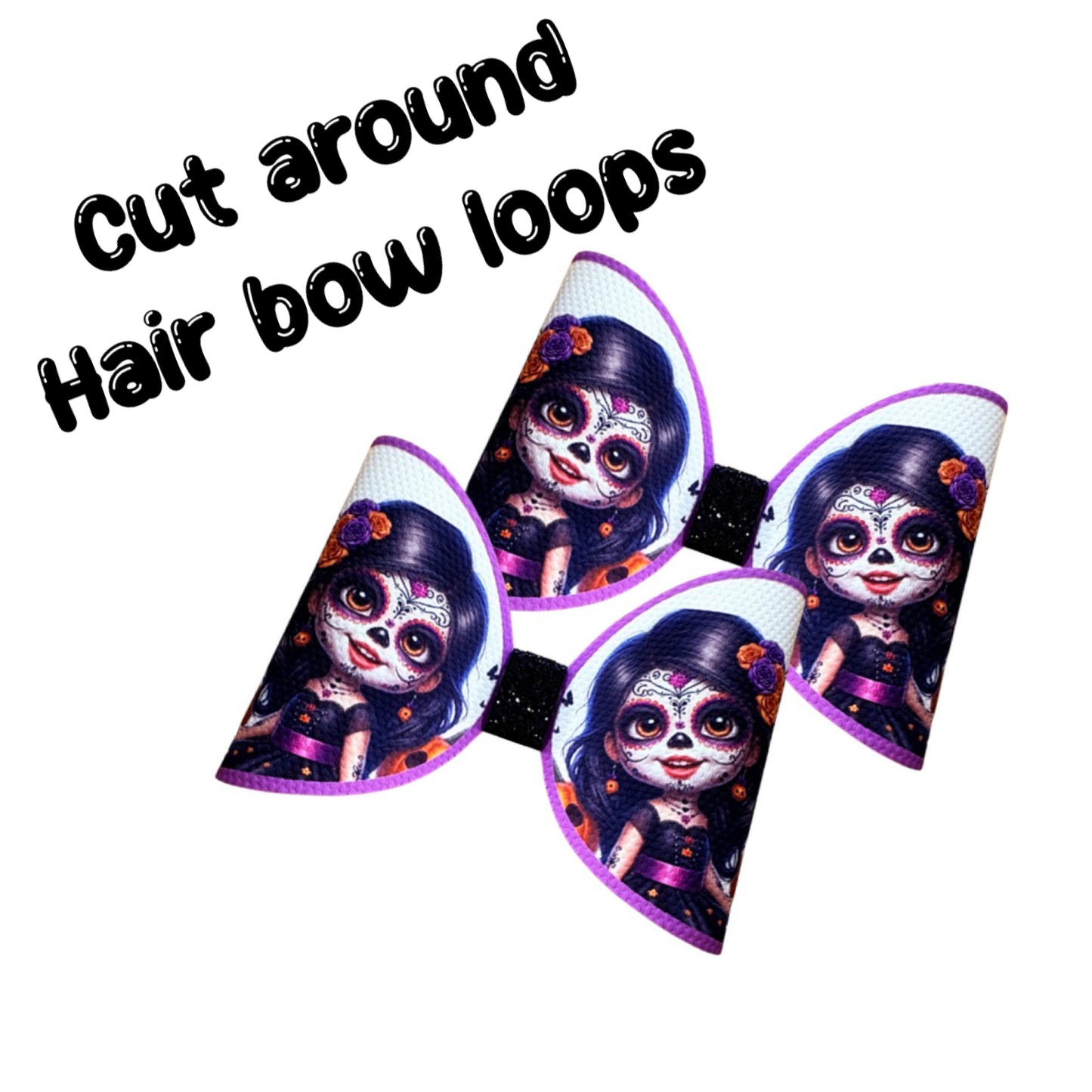 7 x skull doll theme cut around canvas hair bow loops 3.5”