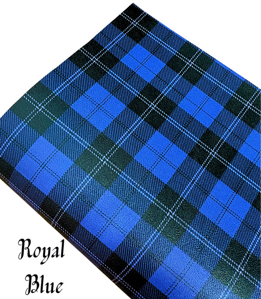 Royal Blue Tartan in house printed leatherette fabric A4