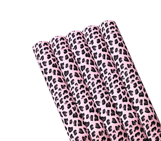 Pink and black leopard print leatherette fabric soft backing Animal print