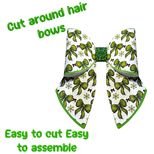 4 x Christmas Grinchy Theme cut around  Hair bow sets 3.5” Leatherette or Canvas