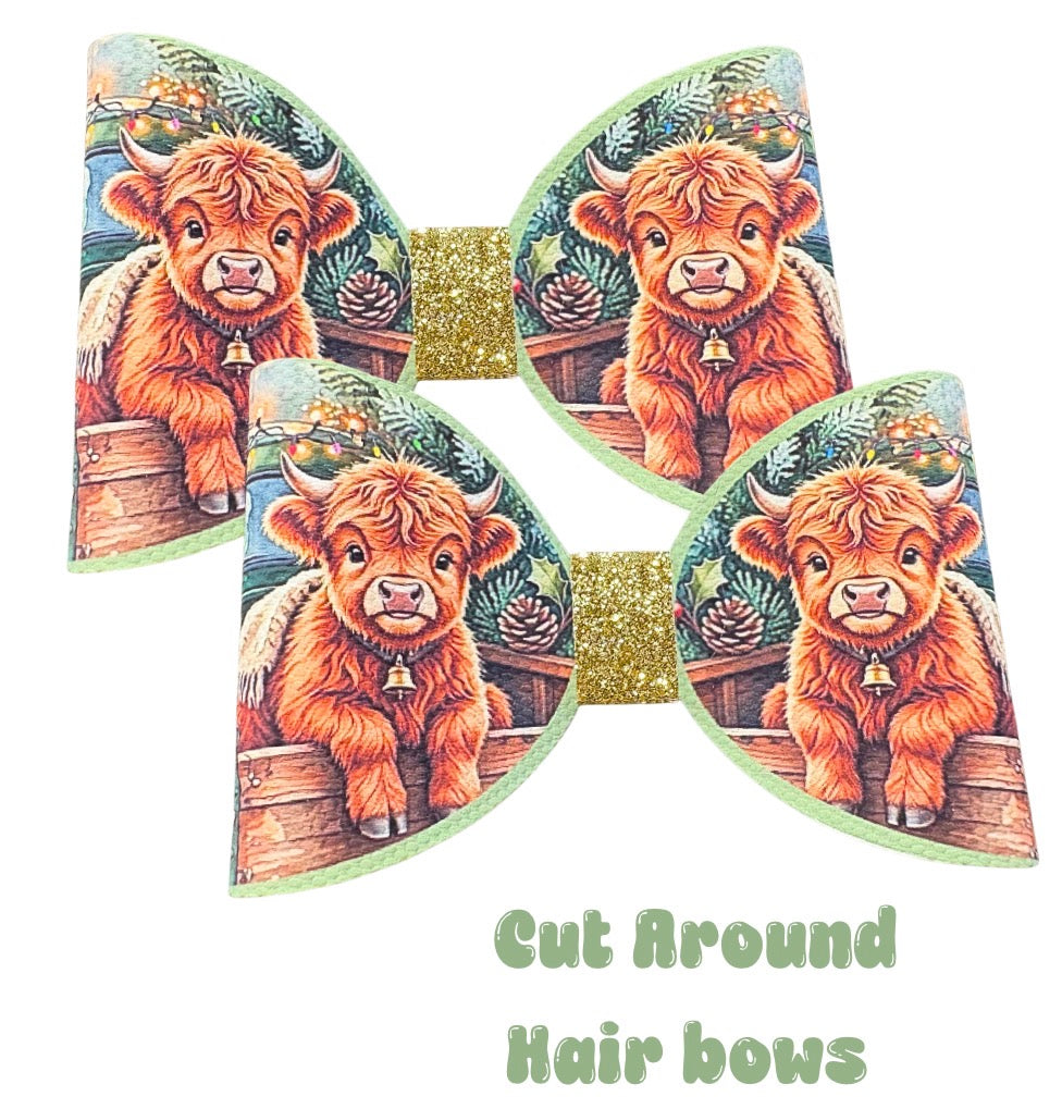 7 x Cut around hair bow loops 3.5” Canvas/leatherette Festive Highland Cow