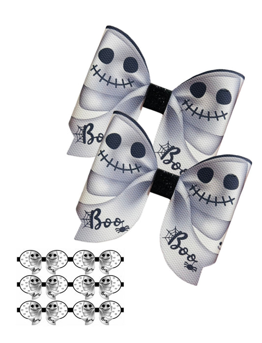 7 x printed in house Leatherette bow loops 3.5” Boo Ghost