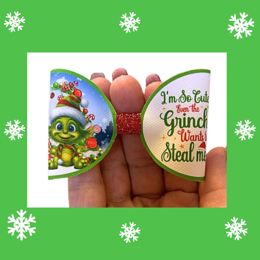 Grinchmas themed printed canvas bow loops x 7