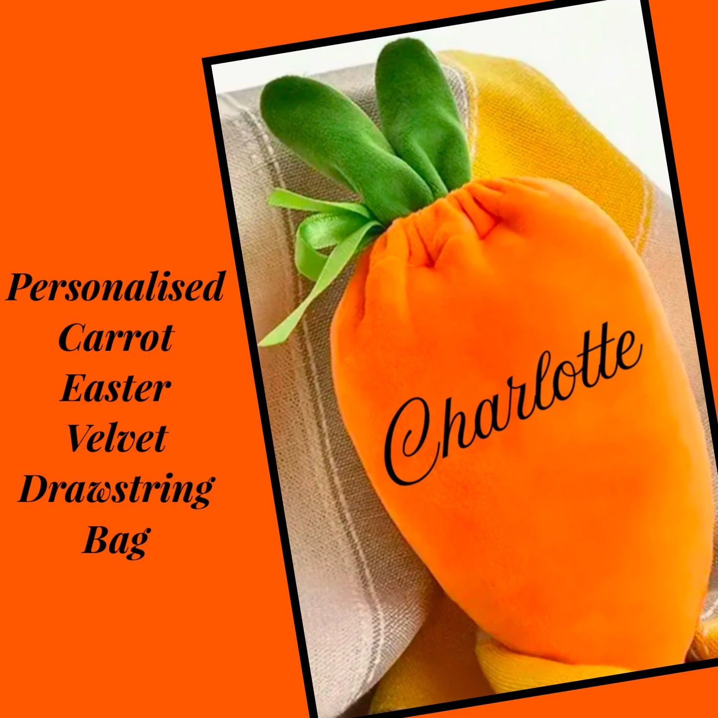 Easter Bunny Ear Carrot themed goody/display velvet drawstring Bag with personalised Name