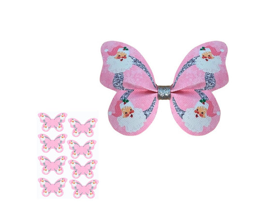 7 x Pre printed Ready to cut Butterfly Pinch leatherette bows 3.5” Santa