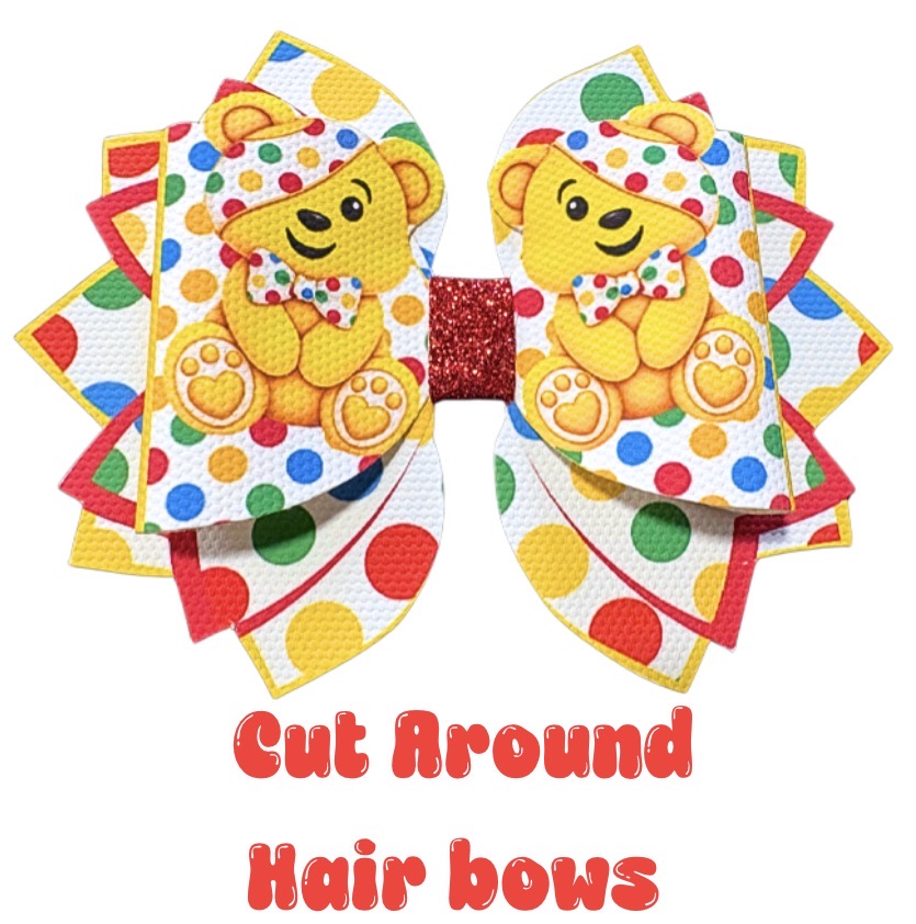 4 Pudsey inspired themed Cut around hairbow bow loops and Stacked tails 3.5”
