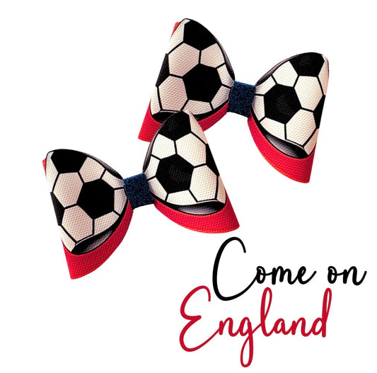 7 x Football printed Leatherette cut around bow loops 3.5” World Cup