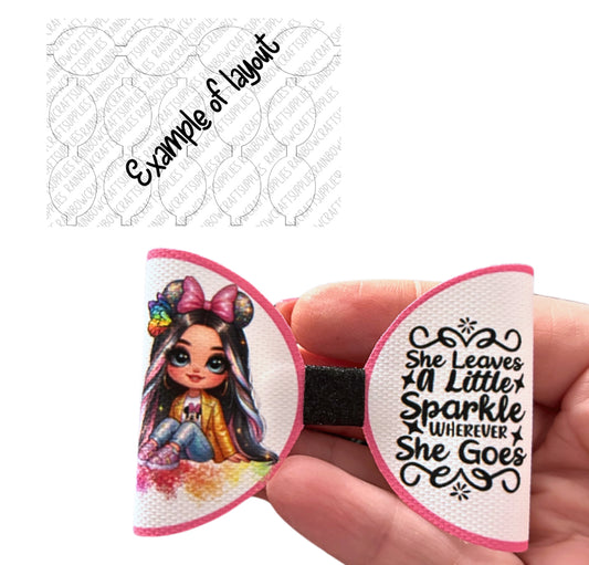 Mini cartoon sparkle girl themed pre printed canvas bow loops x 7 (3.5”)