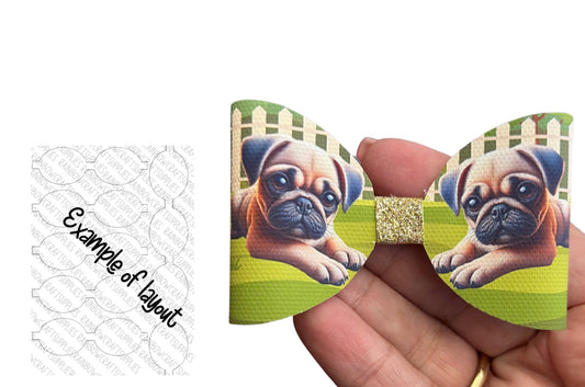 Cute pug Puppy themed pre printed canvas bow loops x 7 (3.5”)