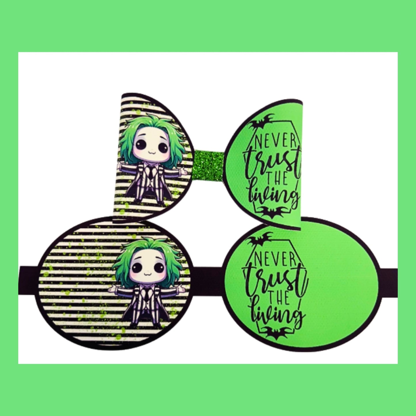 Beetle juice themed bug boy  pre printed canvas hair bow loops x 7