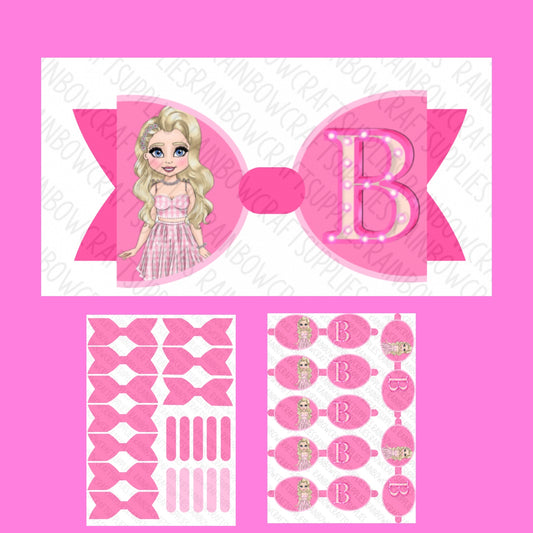 7 x Pink let’s party dolly themed canvas bow loops plus 7 x Tails and centres to match