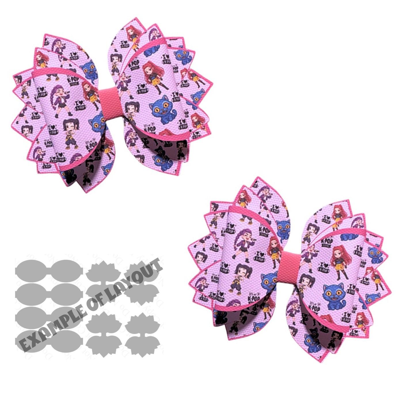 4 x printed in house Leatherette bow loops and Fan Tails 3.5”K Pop