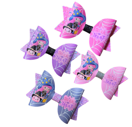 7 x  Cutest witch assorted colours pre printed in house leatherette bow loops 3.5”