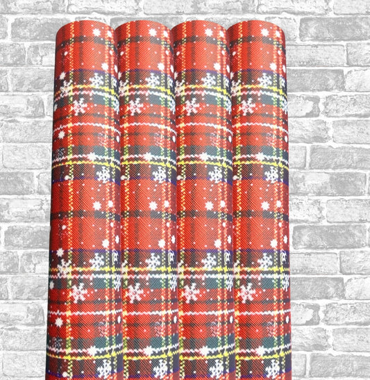 Snowflake Red tartan leatherette fabric