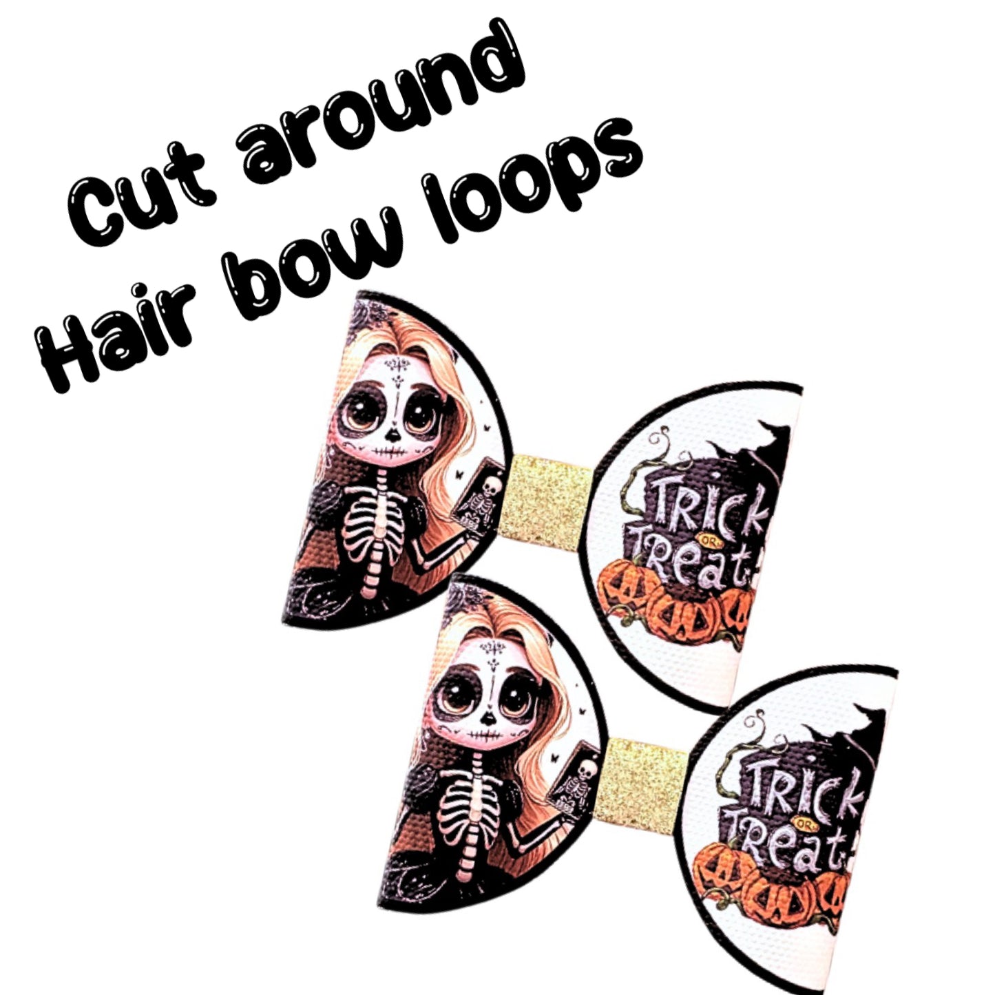 7 x skull doll theme cut around canvas hair bow loops 3.5”