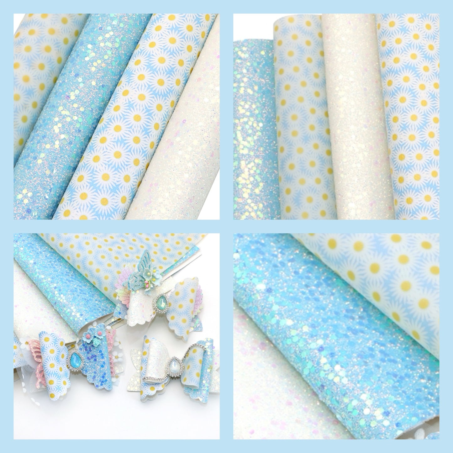 Pastel Daisy glitter and leatherette themed fabric 4 piece set