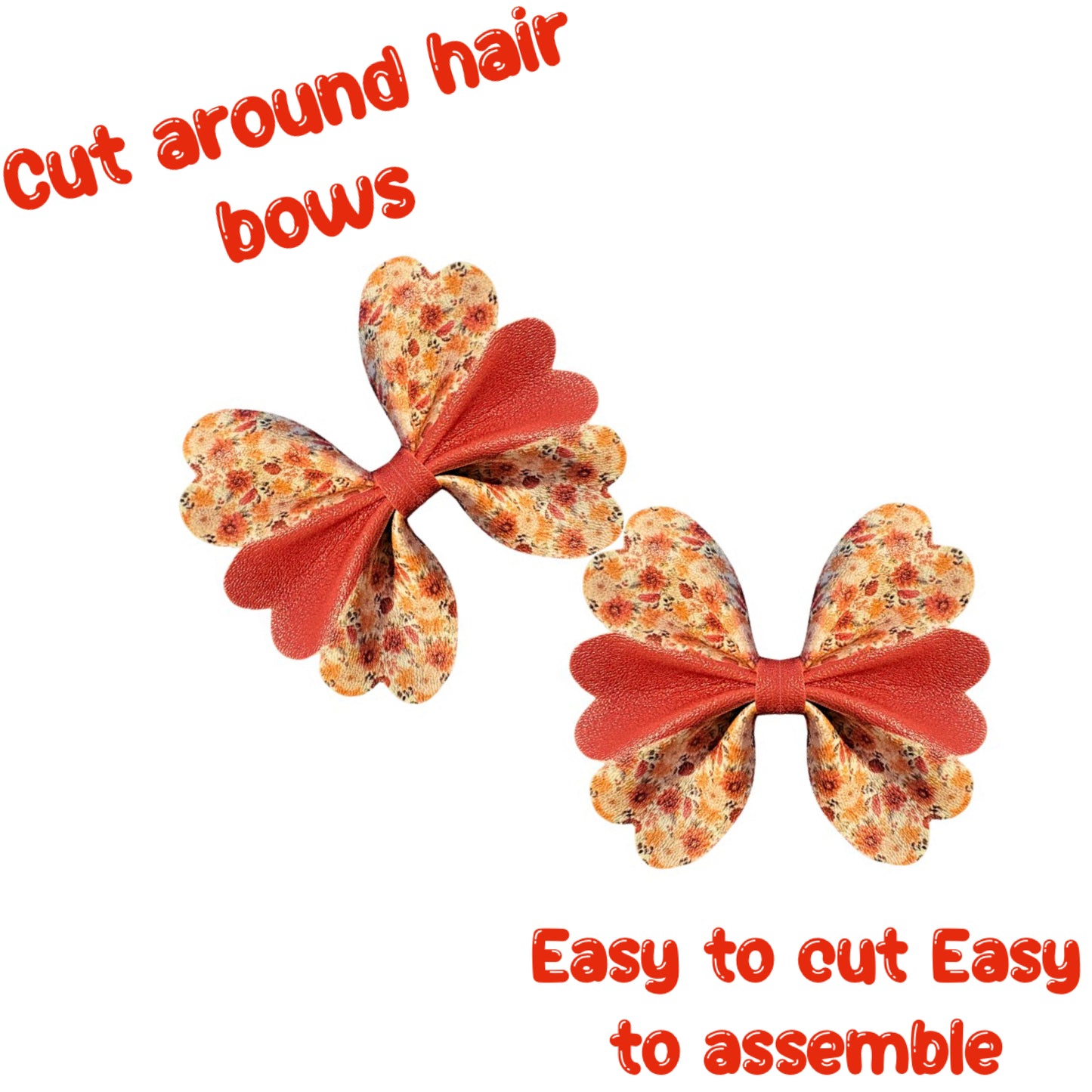 5 x Cut around scallop Pinch leatherette bows 3.5” Autumn Flowers