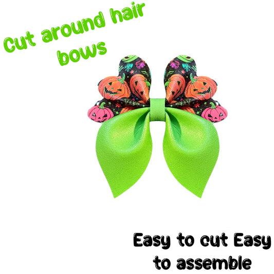 4 x Cut around  Halloween pumpkins Pinch leatherette bows and centre strips