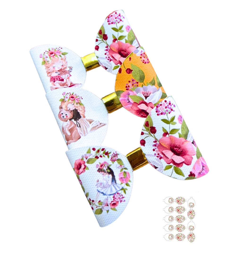 7 x Floral woodland animal  pre printed canvas hair bow loops 3.5”