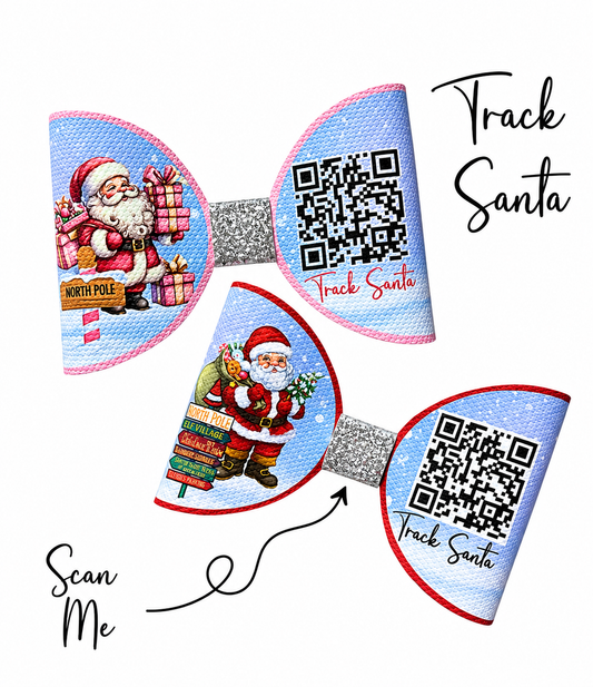 7 Track Santa QR Code canvas cut around hair bow Loops 3.5”