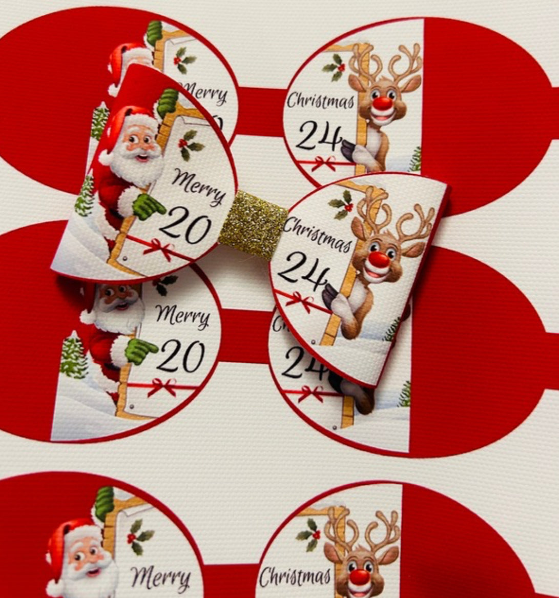 Santa and his reindeer pattern pre printed canvas hair bows x 7