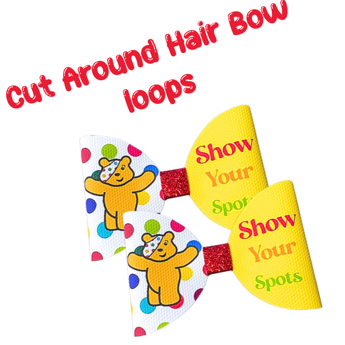 Pudsey inspired Dotty Cur around hair bow loops