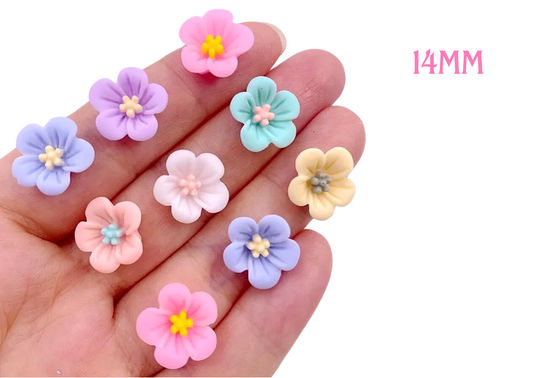 10 multi coloured resin flower flat-backs 14mm