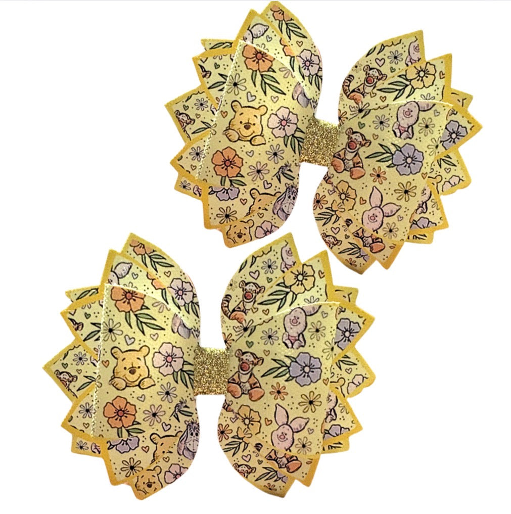 4 x printed in house Leatherette cut around bow loops and Fan Tails 3.5” Winnie 100 acre woods