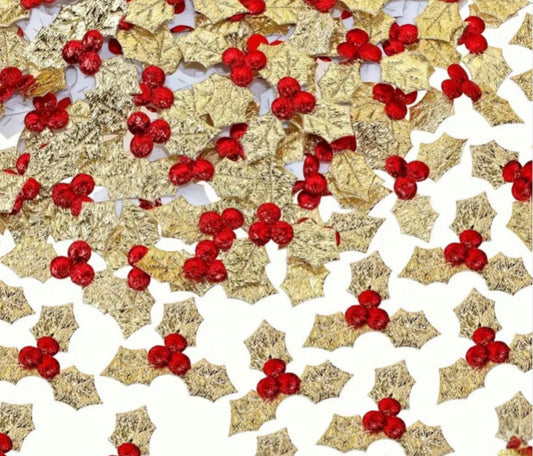 10 x Gold Christmas Holly glitter embellishments