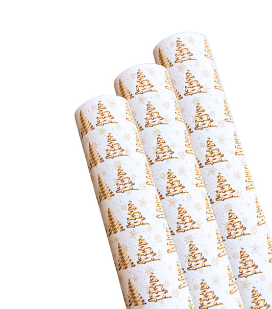 Gold Festive Christmas trees seamless leatherette fabric A4