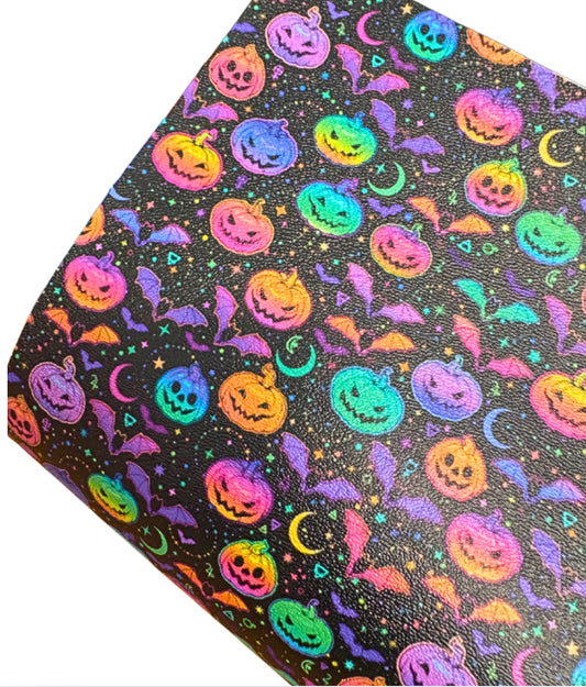 In house printed Leatherette fabric A4 3D Neon pumpkins