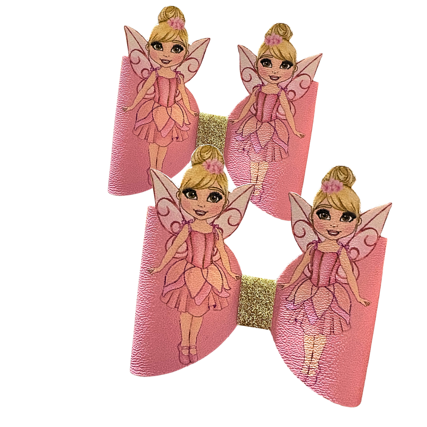 6 x Pink Rose 3d Fairy Leatherette bow loops 3.5” 3D Fairy(Hair colour Choices)