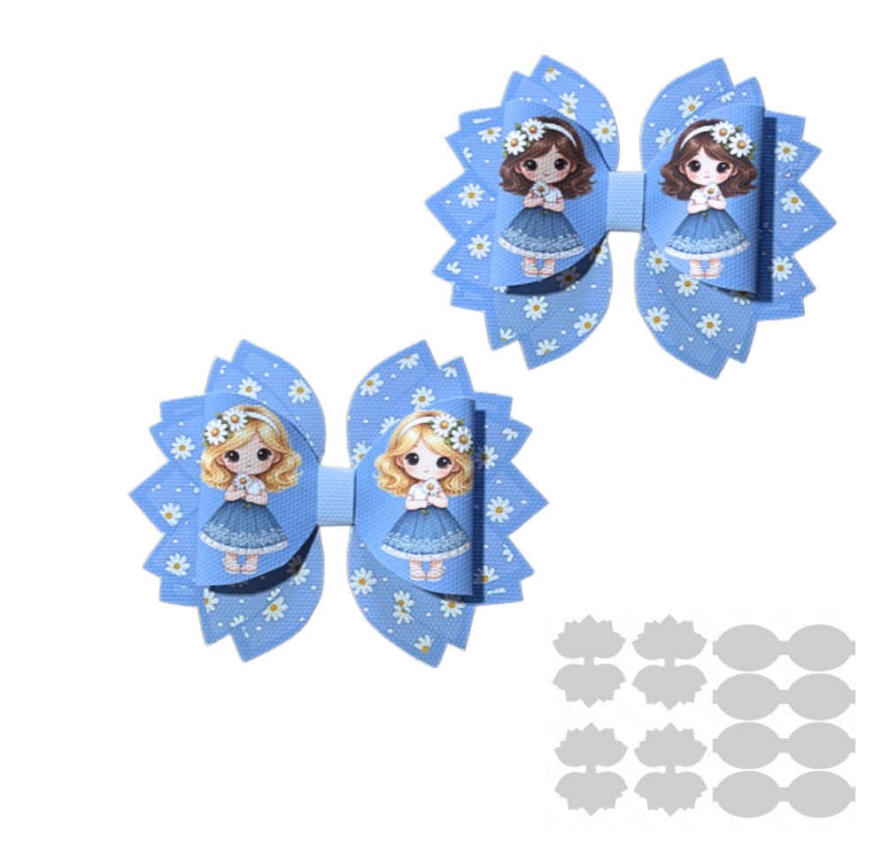 4 x printed Canvas  bow loops and Fan Tails 3.5”Daisy Girl Blue