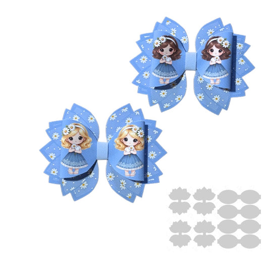 4 x printed in house Leatherette bow loops and Fan Tails 3.5” Daisy girl Blue