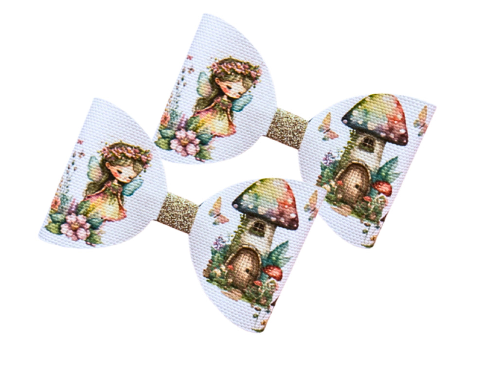 7 x Vintage fairy pre printed canvas bow loops 3.5”