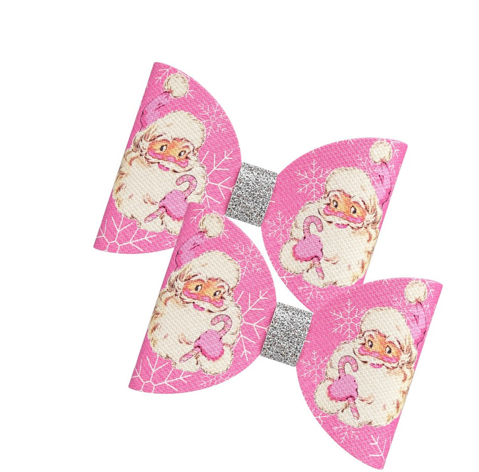 7 Pink Santa Cut around Hair bow  loops 3.5”