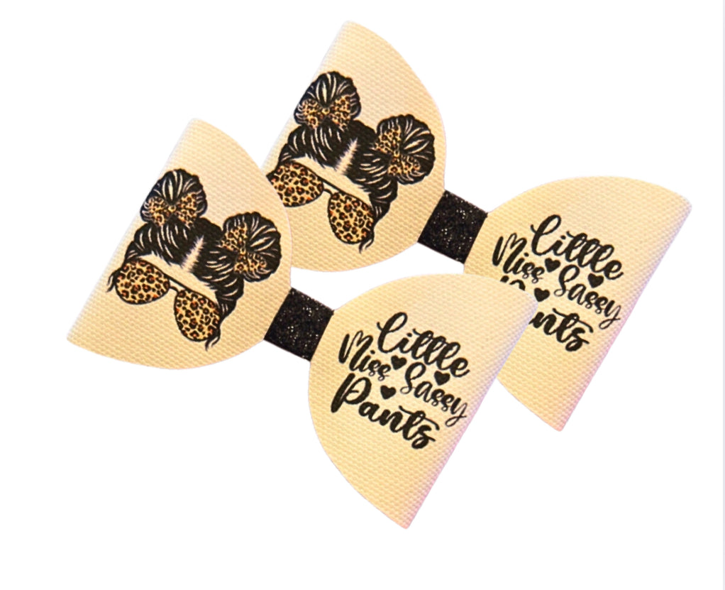 7 x  Little Miss Sassy Pants themed pre printed canvas hair bow loops 3.5”