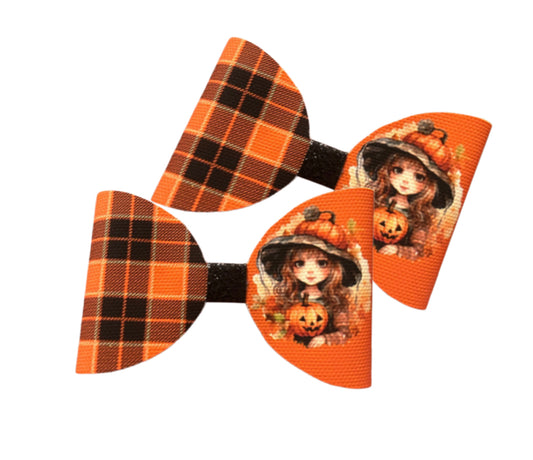 7 x Autumn witch pre printed canvas bow loops 3.5” Halloween