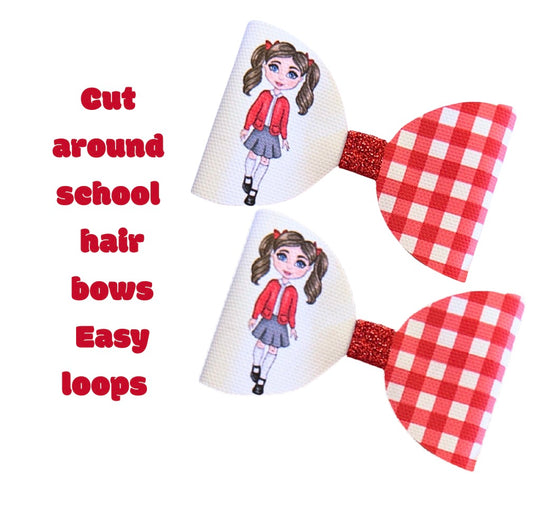 7 x Red school girl  canvas Cut around hair bow loops 3.5”