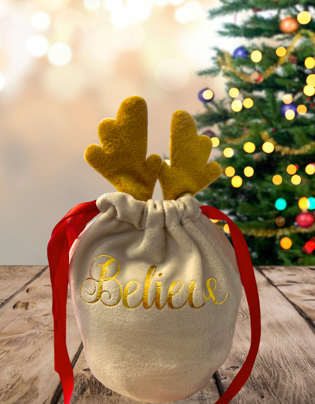 Belive Christmas reindeer themed goody/display velvet drawstring Bag