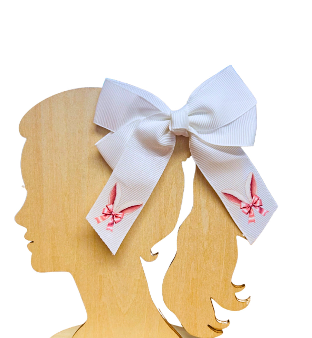 Pink Bunny design 4” grosgrain Hair bows (with clip)