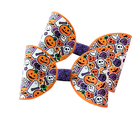 7 x Bright pumpkin & ghosts pre printed canvas bow loops 3.5”