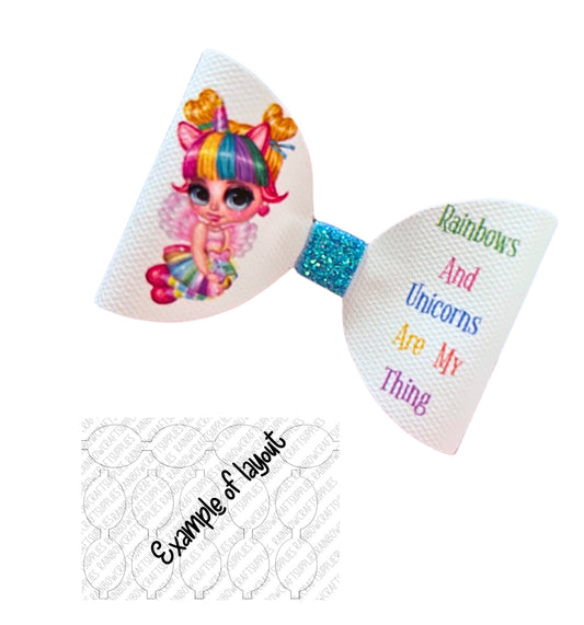 7 x Rainbow unicorn girl pre printed canvas hair bow loops 3.5”