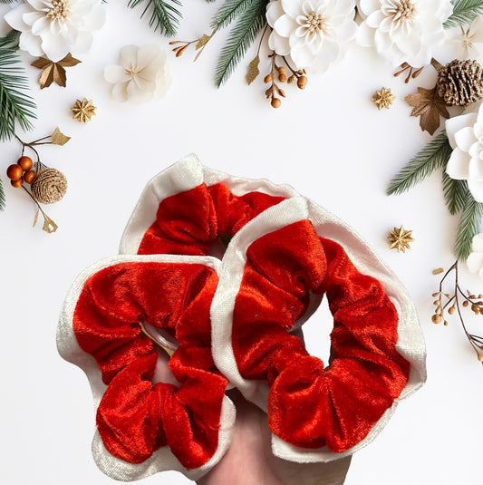 Santa’s scrunchies red velvet with white velvet edge