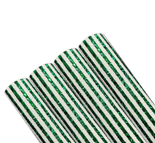 Green and white striped chunky glitter fabric A4