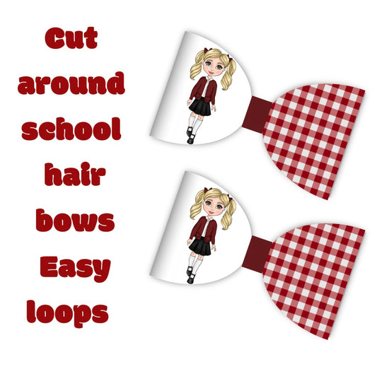 7 x Burgundy  school Girl printed 3.5”Leatherette bow loops
