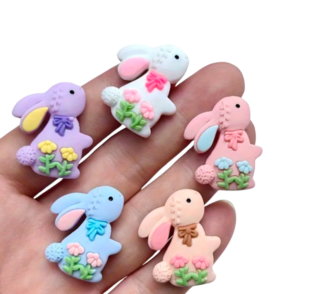 Floral Bunny rabbit flat-back embellishments x 5