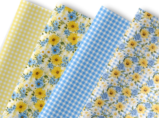 4 Piece Daisy Check Floral  themed printed premium canvas  fabric A4