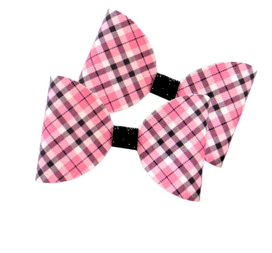 7 x Pink & black plaid Tartan pre printed canvas hair bow loops 3.5”