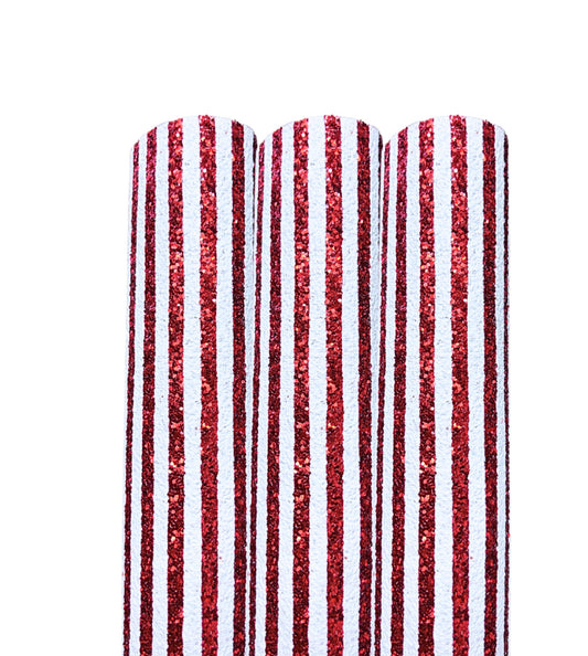 Red and white striped chunky glitter fabric A4